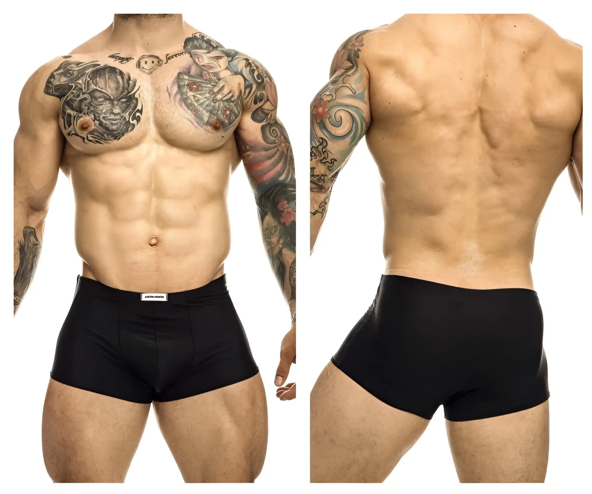 Black athletic briefs justin simon xsj08 classic trunks with white brand tag at waistband in black color