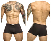 Black justin simon xsj08 classic trunks with subtle brand tag on waistband in gray color