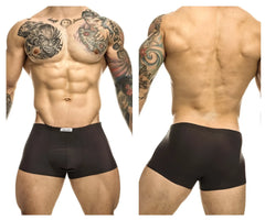 Black justin simon xsj08 classic trunks with subtle brand tag on waistband in gray color