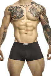 Black briefs with a white label on the waistband from justin simon xsj08 classic trunks in gray color