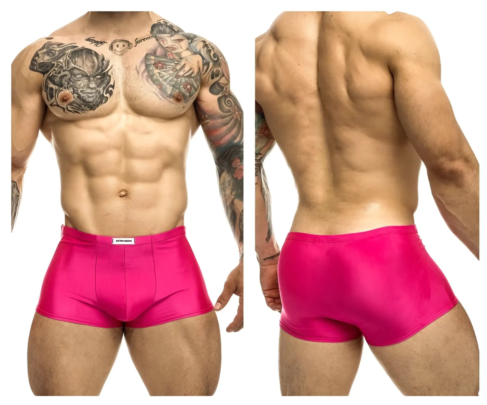 Bright pink shiny fabric briefs with a white justin simon waistband tag classic trunks xsj08 hot pink color