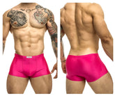 Bright pink shiny fabric briefs with a white justin simon waistband tag classic trunks xsj08 hot pink color