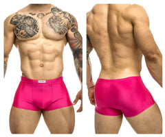 Bright pink shiny fabric briefs with a white justin simon waistband tag classic trunks xsj08 hot pink color
