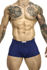 Navy blue justin simon xsj08 classic trunks with white brand label on waistband designed for athletic support