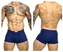 Navy blue JUSTIN+SIMON XSJ08 classic trunks with a small white brand tag on the waistband in royal blue color