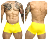 Bright yellow form-fitting men’s briefs with a small white brand tag at the waistband by JUSTIN+SIMON XSJ08 Classic Trunks