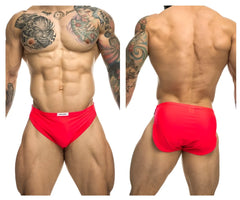 Bright red form-fitting justin simon xsj09 running briefs with small white waistband label in coral color