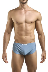 Light blue satin briefs with subtle brand tag at waistband shown with justin simon xsj09 running shorts metal green