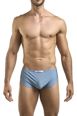Light blue satin briefs with subtle brand tag at waistband shown with justin simon xsj09 running shorts metal green