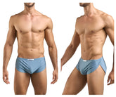 Light blue smooth textured men’s briefs with subtle side slit and white tag featured with JUSTIN SIMON XSJ09 running shorts metal green