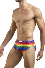Justin Simon XSJ09 running shorts rainbow-striped men’s swim trunks with snug fit and elastic waistband color pride flag