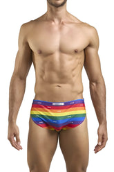 Rainbow-striped justin simon xsj09 running shorts with repeating js logo waistband in pride flag colors