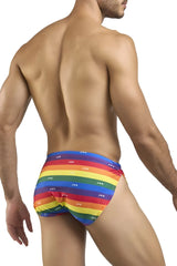 Rainbow-striped justin simon xsj09 pride flag running shorts with repeating joo logo pattern for active wear