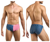 Justin simon xsj09 running shorts in blue and red usa flag colors with white stars on stretchy fabric
