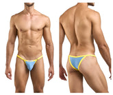 Blue and yellow thong bikini with thin elastic waistband from justin simon xsj12 in baby blue color back view