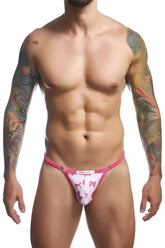 Justin simon xsj12 bikini coquette men’s briefs in pink and white with pink bow patterns and a patterned design