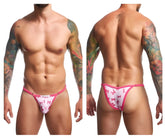 Pink and white patterned thong with pink ribbon motifs from justin simon xsj12 bikini color coquette collection