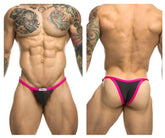 Black and pink thong bikini with a small white Justin+Simon brand tag in one color gray style XSJ12