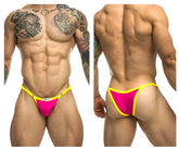 Justin simon xsj12 bikini thong in hot pink with bright pink and yellow colors and a sleek form-fitting design