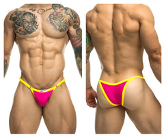 Justin simon xsj12 bikini thong in hot pink with bright pink and yellow colors and a sleek form-fitting design