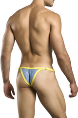 Blue glittery thong with yellow trim made of lurex by justin simon in bikini style xsj12