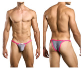 Pink and silver glittery snug form-fitting thong bikini in lurex gray from justin simon xsj12 collection