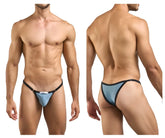 Light blue and black Justin+Simon XSJ12 bikini thong with sleek minimalist design and metal green accents