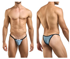 Light blue and black Justin+Simon XSJ12 bikini thong with sleek minimalist design and metal green accents
