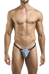 Light blue form-fitting men’s briefs with black elastic waistband and white brand tag from Justin Simon XSJ12 bikini line