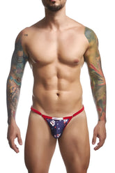 Navy blue thong bikini with red trim and white skull pattern from justin simon xsj12 bikini color mexico collection