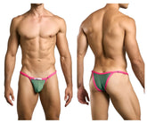 Green and pink thong bikini with a small white logo on the front band from justinsimon xsj12 collection