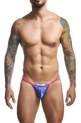 Blue and pink patterned men’s bikini thong with white justin simon brand tag at waistband color party design