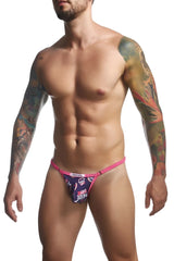 Pink and navy blue justin simon xsj12 bikini briefs with bold graphic design for color pride collection