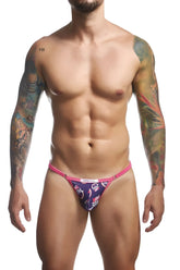 Vibrant pink and navy blue patterned men’s briefs with bold graphic design in justin simon xsj12 bikini color pride style