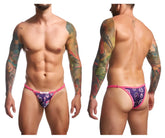 Justin Simon XSJ12 bikini briefs in vibrant pink and purple with bold tropical bird pattern for color pride