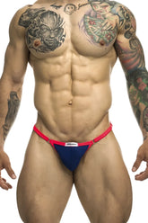 Navy blue and red justin simon xsj12 bikini briefs with white brand tag at waistband in royal blue color