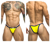 Bright yellow and navy blue JUSTIN+SIMON XSJ12 bikini thong with small white label at the front