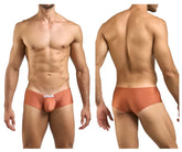 Tan-colored form-fitting men’s briefs in ochre with smooth fabric and small white label by justin simon xsj13 cheeky bulge boxer