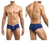 Navy blue men’s cheeky bulge briefs with a white justin simon brand tag on the waistband, style xsj13