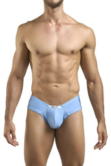 Light blue form-fitting cheek briefs with a subtle brand tag at the waistband by JUSTIN SIMON XSJ22