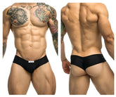 Black justin simon xsj22 cheek briefs with a white brand tag at the waistband for athletic use
