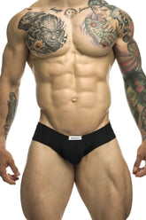 Black justin simon xsj22 cheek briefs with a white waistband label designed for athletic comfort and support