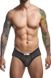 Black sheer mesh cheek briefs with a black elastic waistband and white justin simon label in product xsj22 design