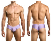 Lavender-colored smooth-textured justin simon xsj22 cheek briefs with subtle brand tag at waistband
