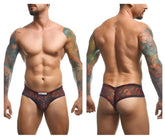 Justin Simon XSJ22 cheek briefs in black and red floral mesh with lips print and branded waistband visible from back