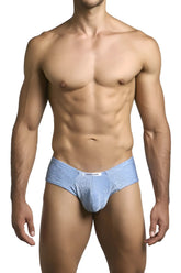 Light blue lurex glittery cheek briefs with white brand tag at waistband from JustinSimon XSJ22 collection