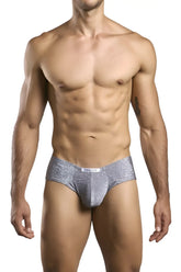 Justin simon xsj22 cheek briefs in lurex gray silver glittery fabric with subtle texture and white brand tag at waistband