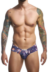 Dark blue men’s briefs with vibrant sugar skull and floral patterns from justin simon xsj22 cheek briefs color mexico
