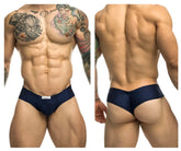 Navy blue Justin+Simon XSJ22 cheek briefs with a subtle white brand tag on the waistband for athletic wear