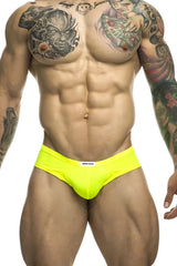 Justin Simon xsj22 neon green cheek briefs featuring bright neon yellow athletic fabric with astro gran label